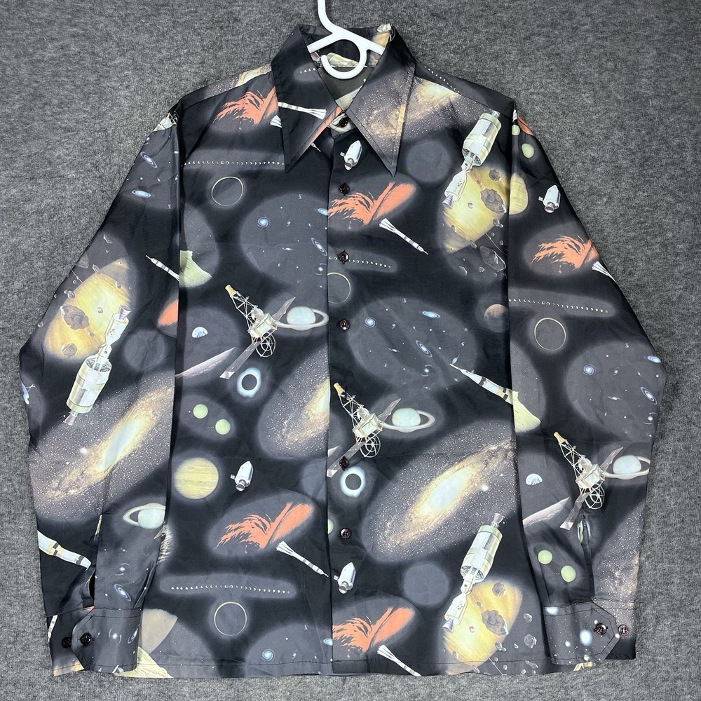 Vintage 70s Shirt Mens M Disco Sci-fi Outer Space Mod Dagger collar Topaz